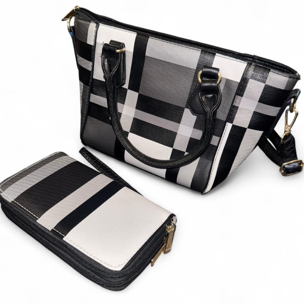Black & White Plaid Purse & Wallet Set – Gold Tone Accents